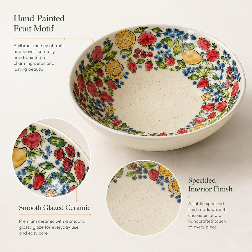 Close-up of hand-painted fruit ceramic bowl with berries, lemons and speckled ivory glaze