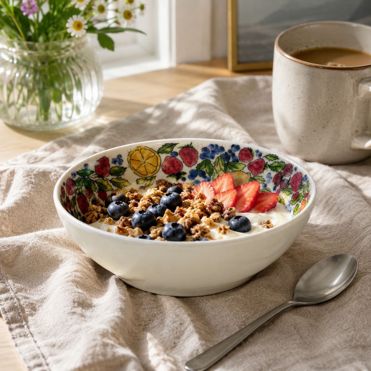 Mixed fruit ceramic bowl with yogurt, granola, strawberries and blueberries
