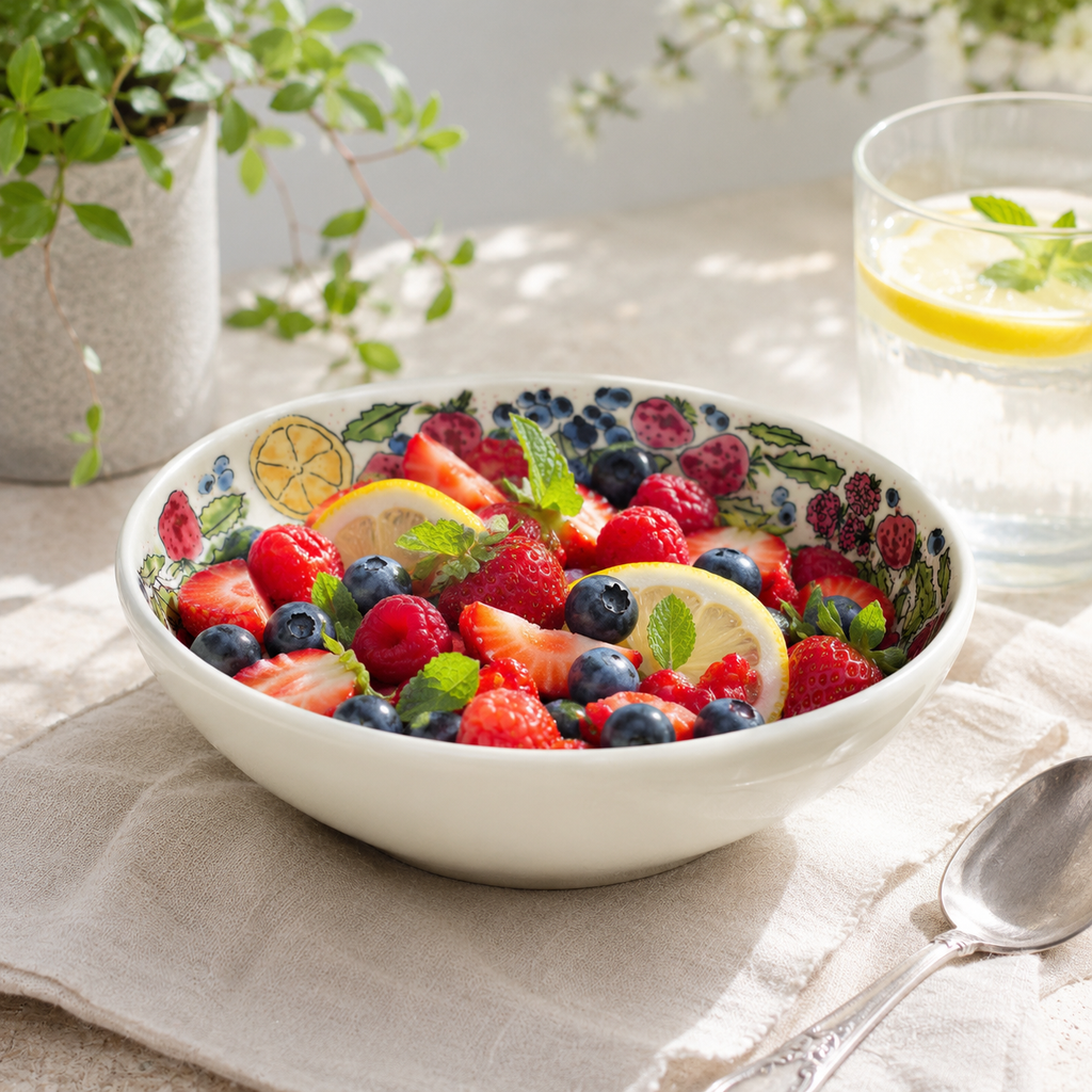 Hand-painted fruit ceramic bowl filled with strawberries, blueberries, raspberries and lemon