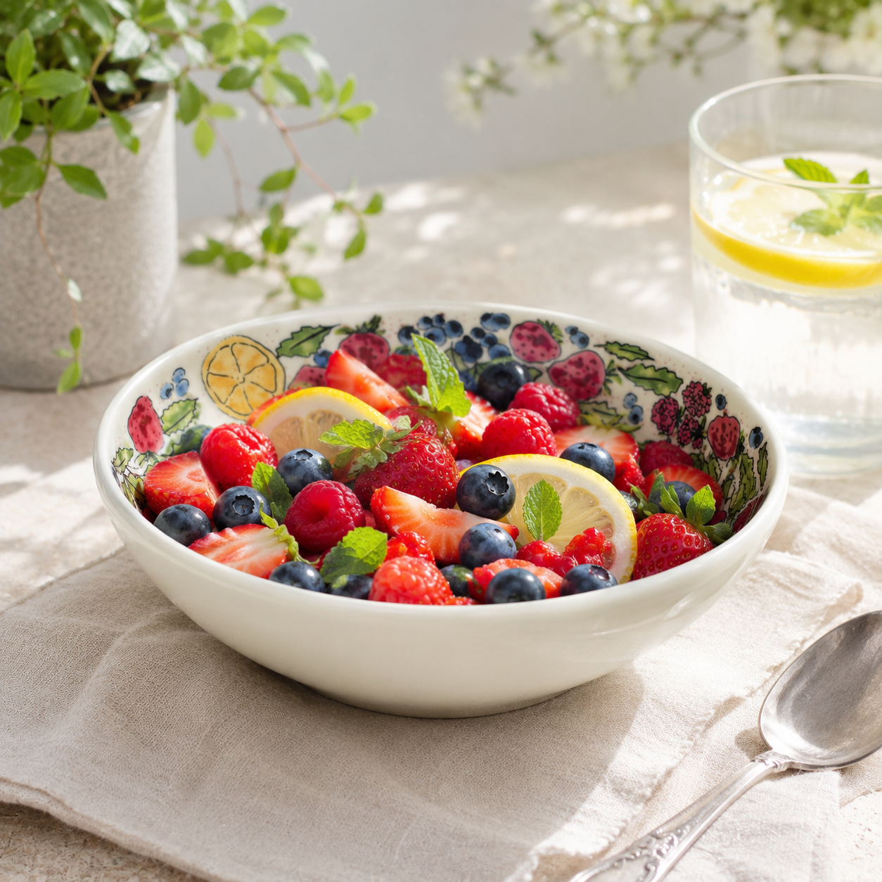 Hand-painted fruit ceramic bowl filled with strawberries, blueberries, raspberries and lemon