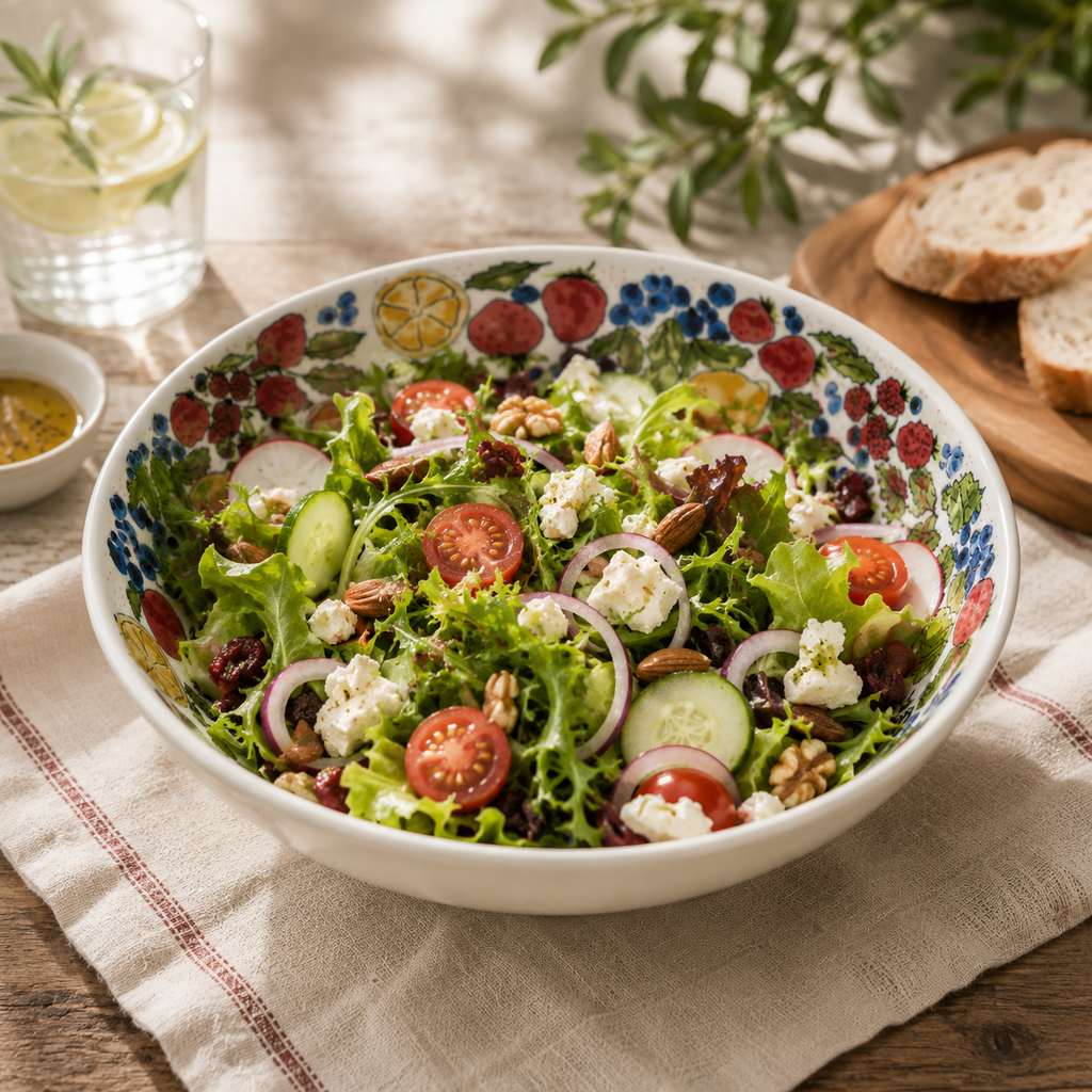 Mixed fruit ceramic serving bowl filled with fresh salad and vegetables