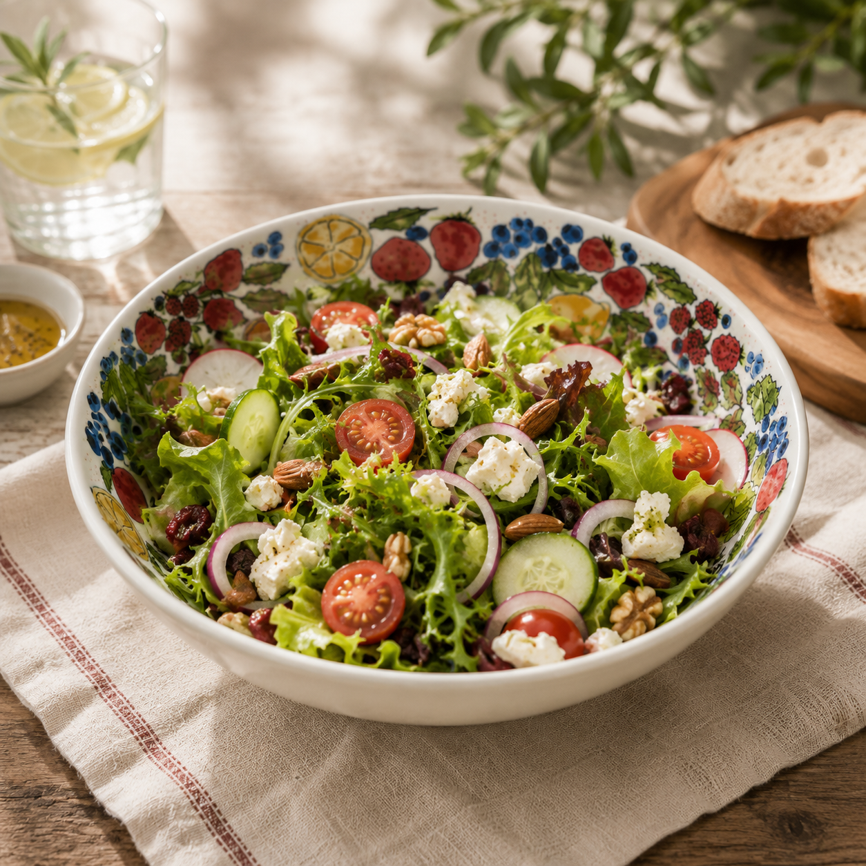 Mixed fruit ceramic serving bowl filled with fresh salad and vegetables