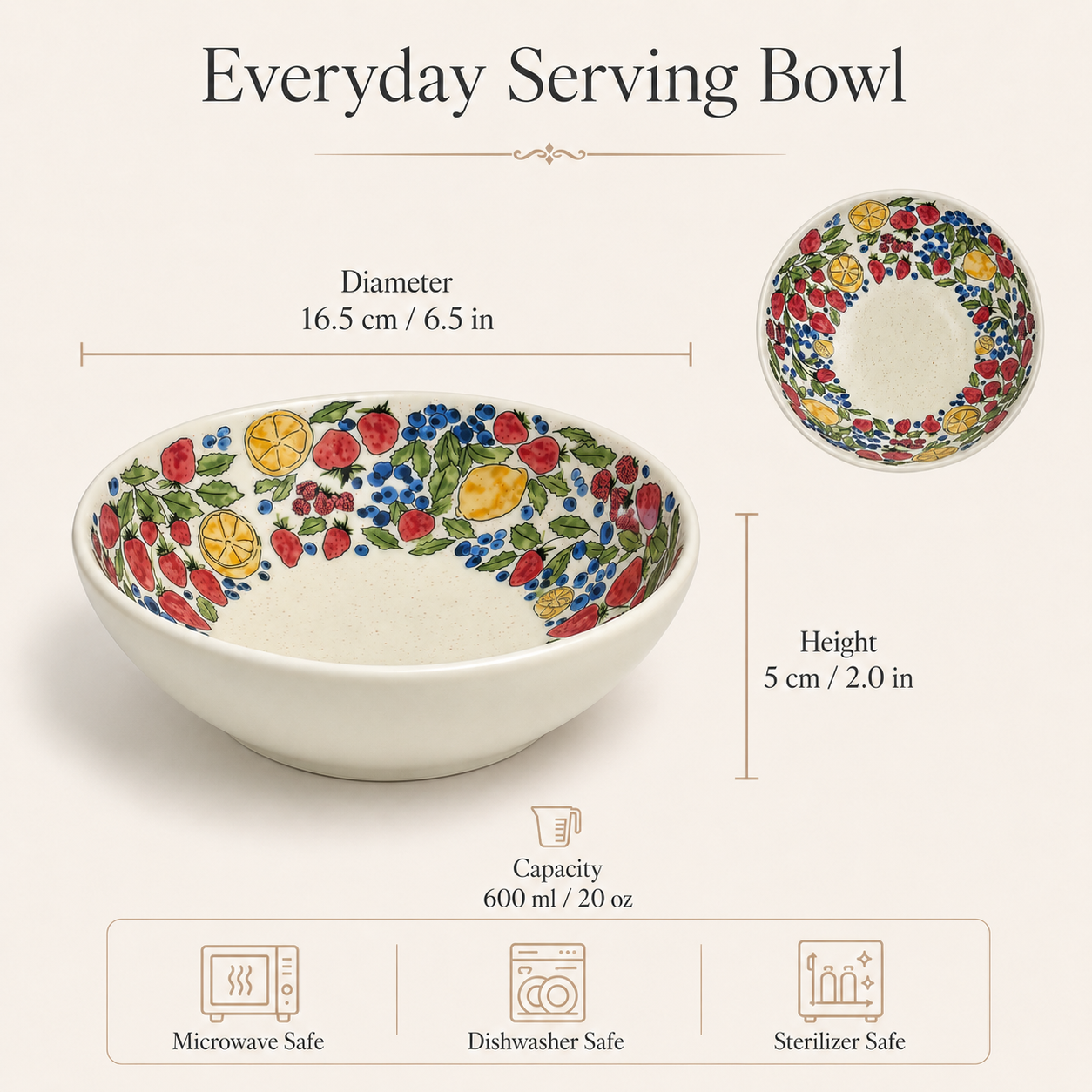 20 oz mixed fruit ceramic bowl with 16.5 cm diameter and 5 cm height
