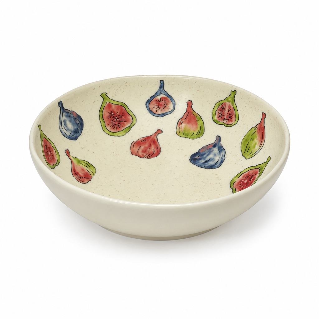Hand-painted fig ceramic bowl with colorful fruit pattern and ivory glaze
