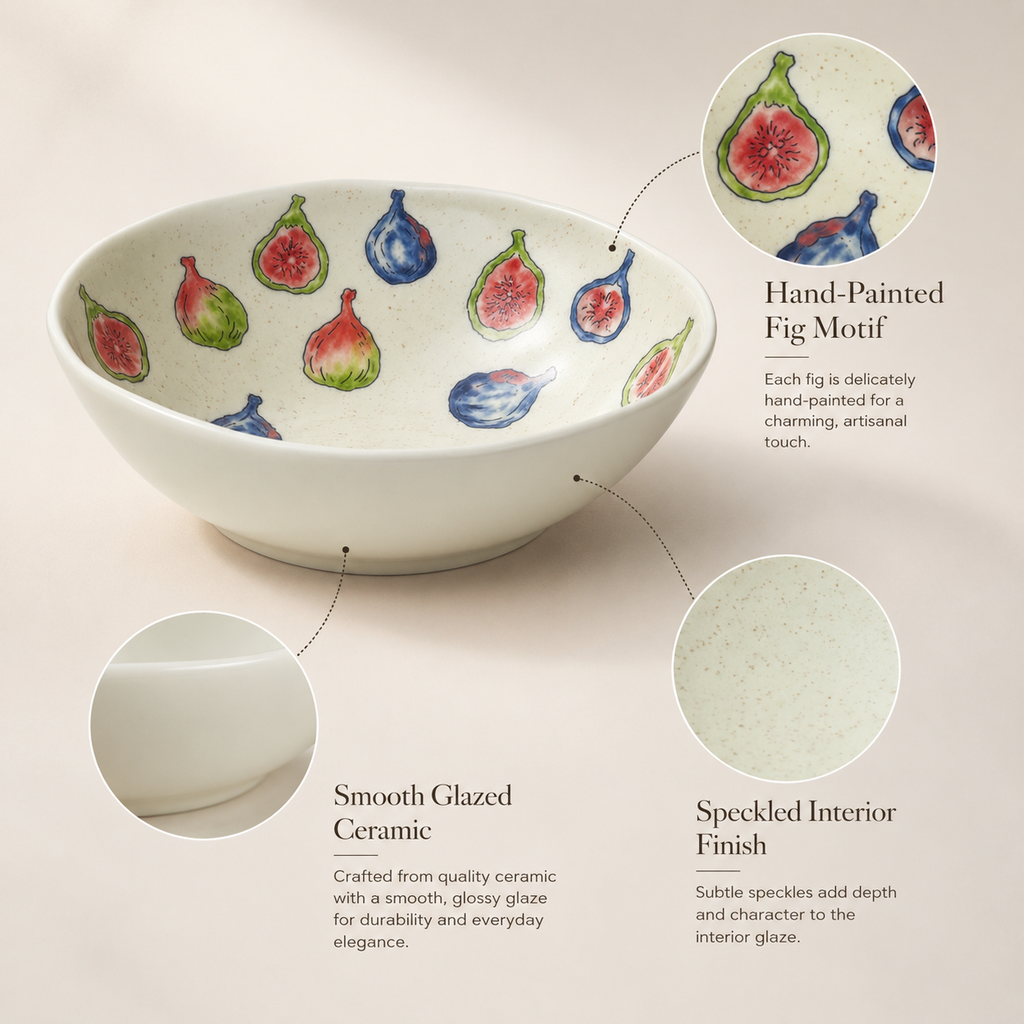 Close-up of hand-painted fig ceramic bowl with speckled ivory interior