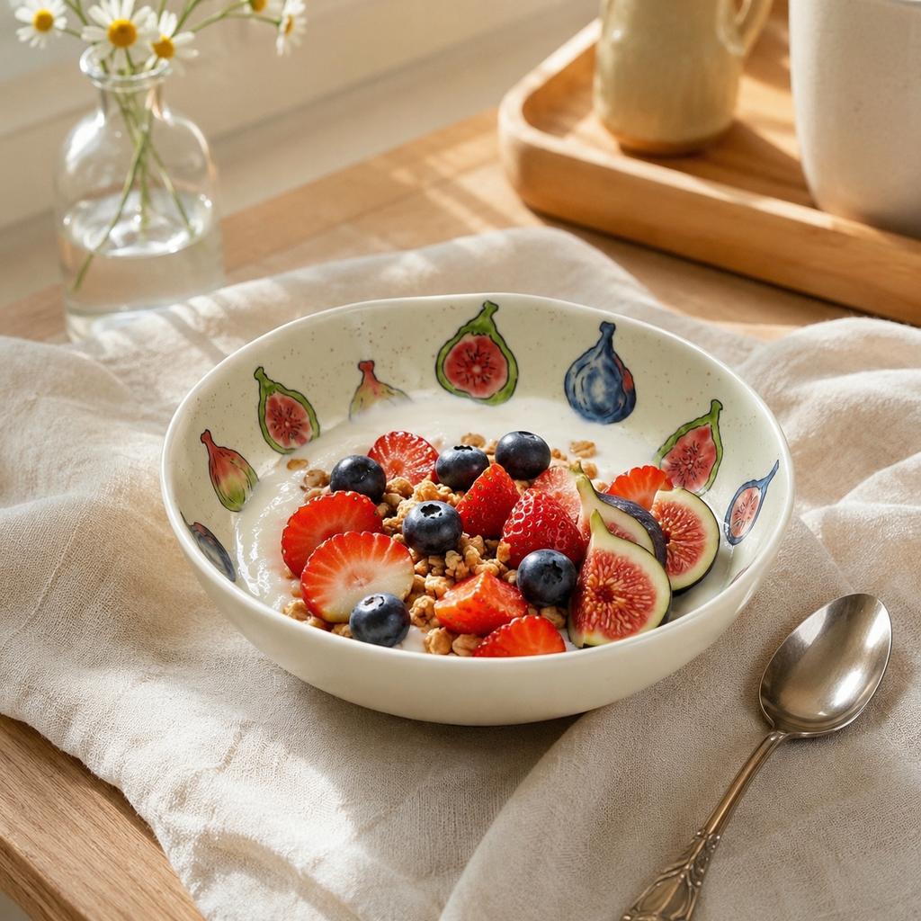 Hand-painted fig ceramic bowl with yogurt, granola, berries and fresh figs