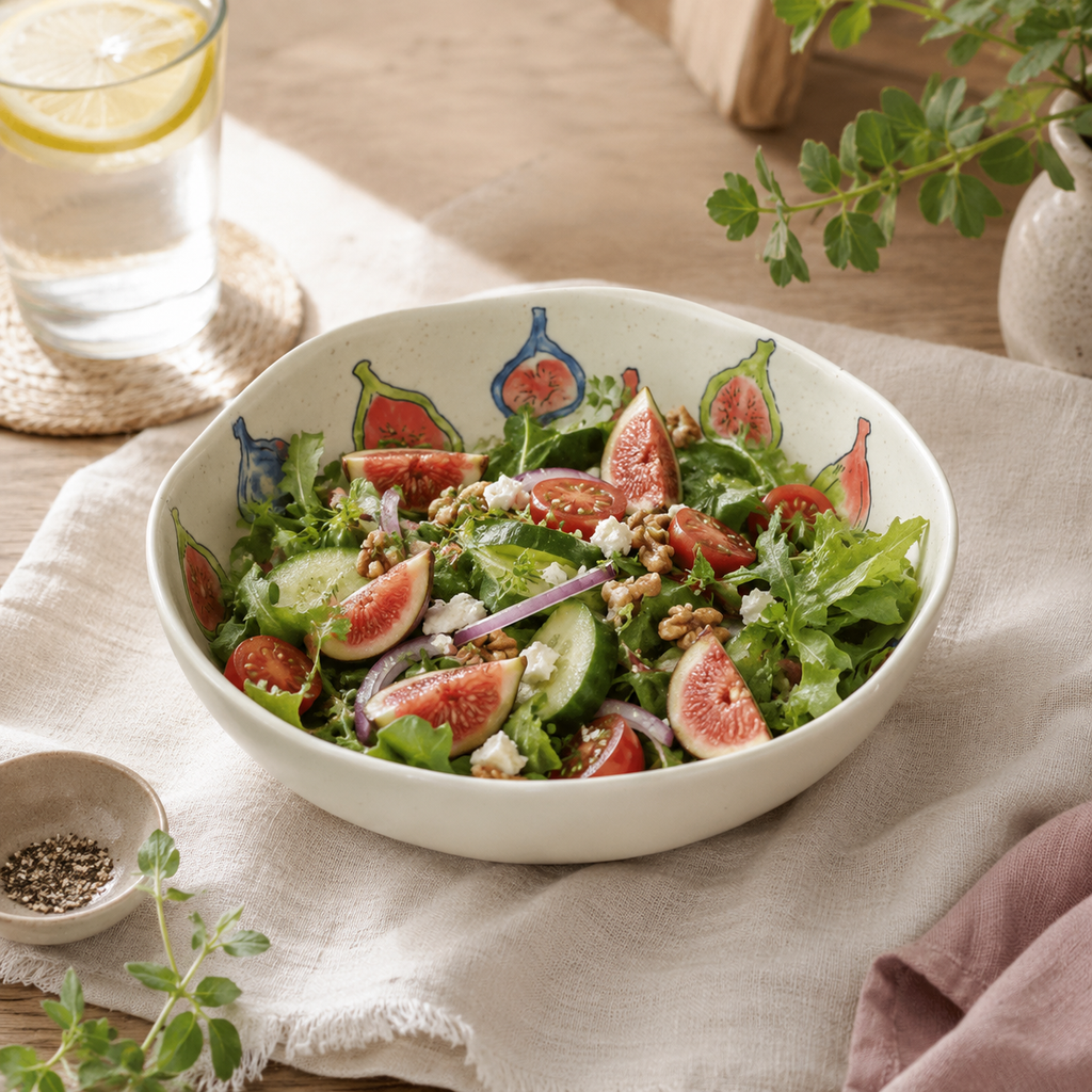 Fig ceramic serving bowl filled with fresh salad, figs and vegetables