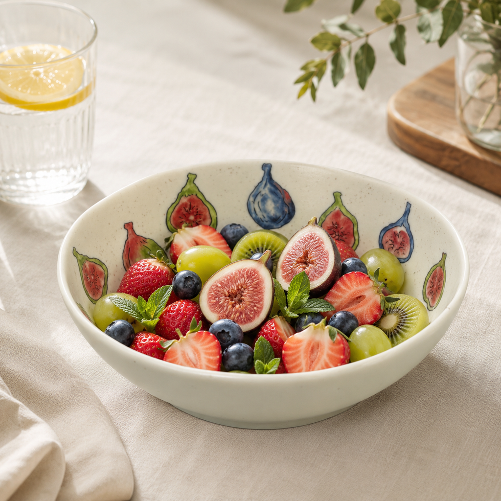 Fig ceramic bowl filled with strawberries, blueberries, grapes and fresh fruit