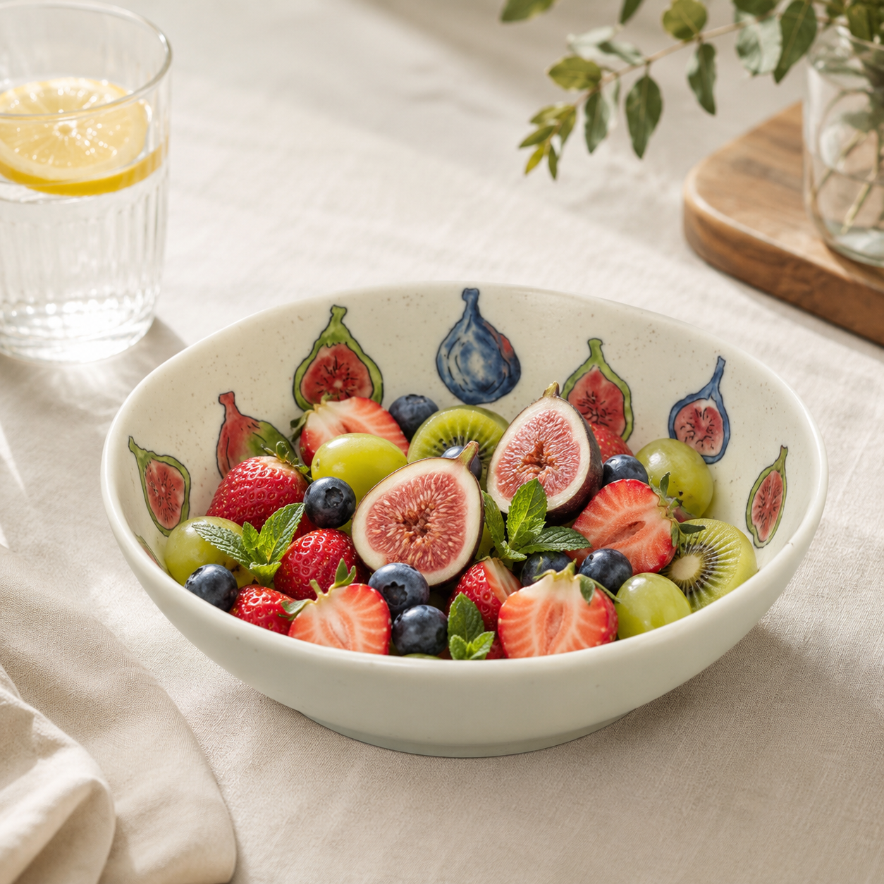 Fig ceramic bowl filled with strawberries, blueberries, grapes and fresh fruit