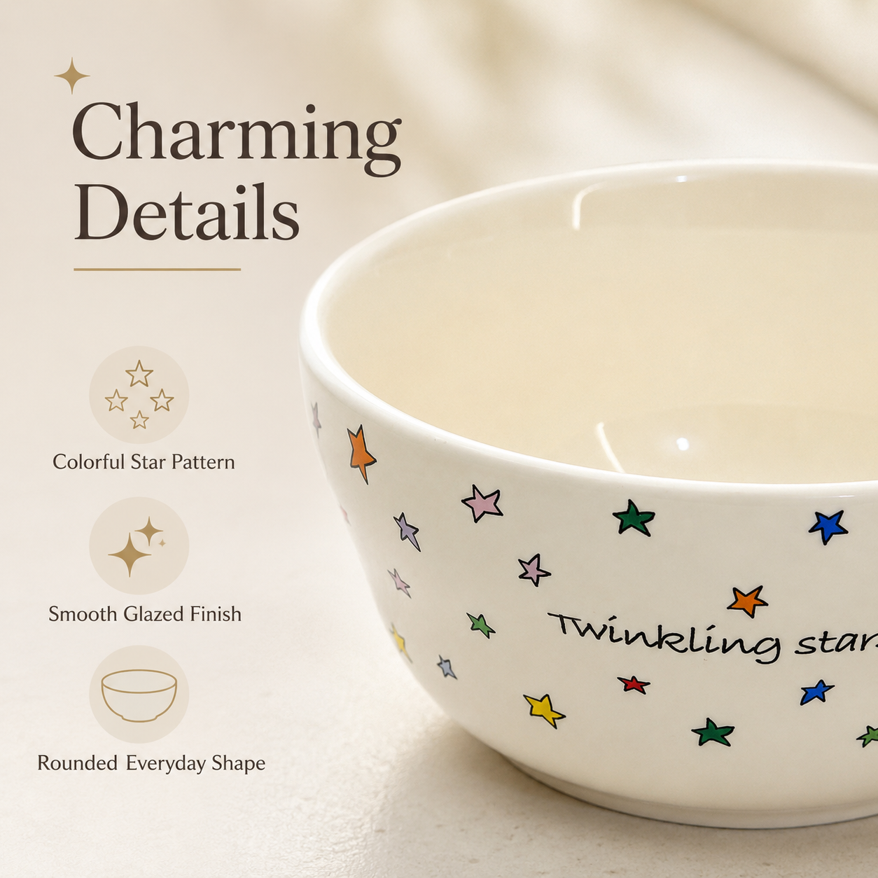 Close-up of Twinkling Stars ceramic bowl showing colorful star pattern and smooth glaze