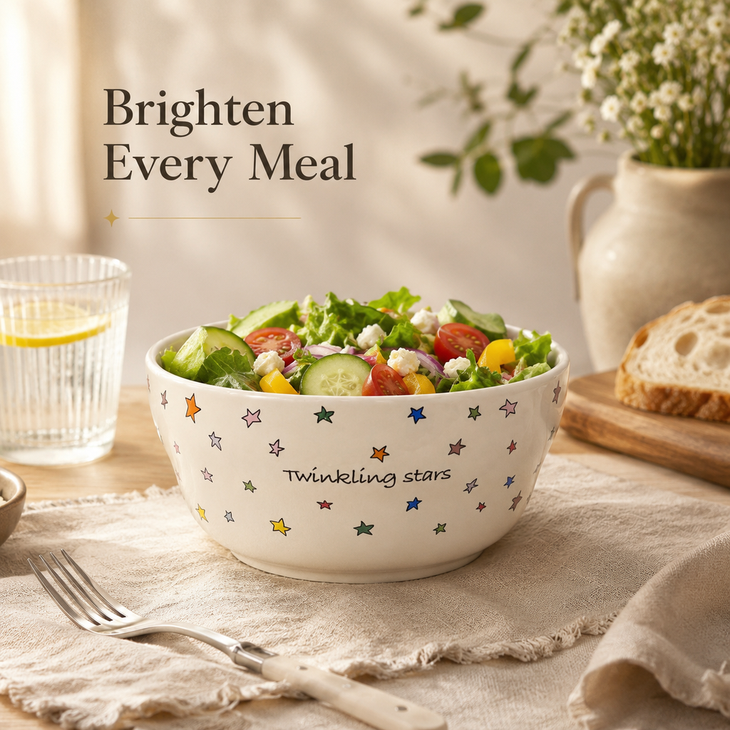 Twinkling Stars ceramic bowl filled with fresh salad on a dining table
