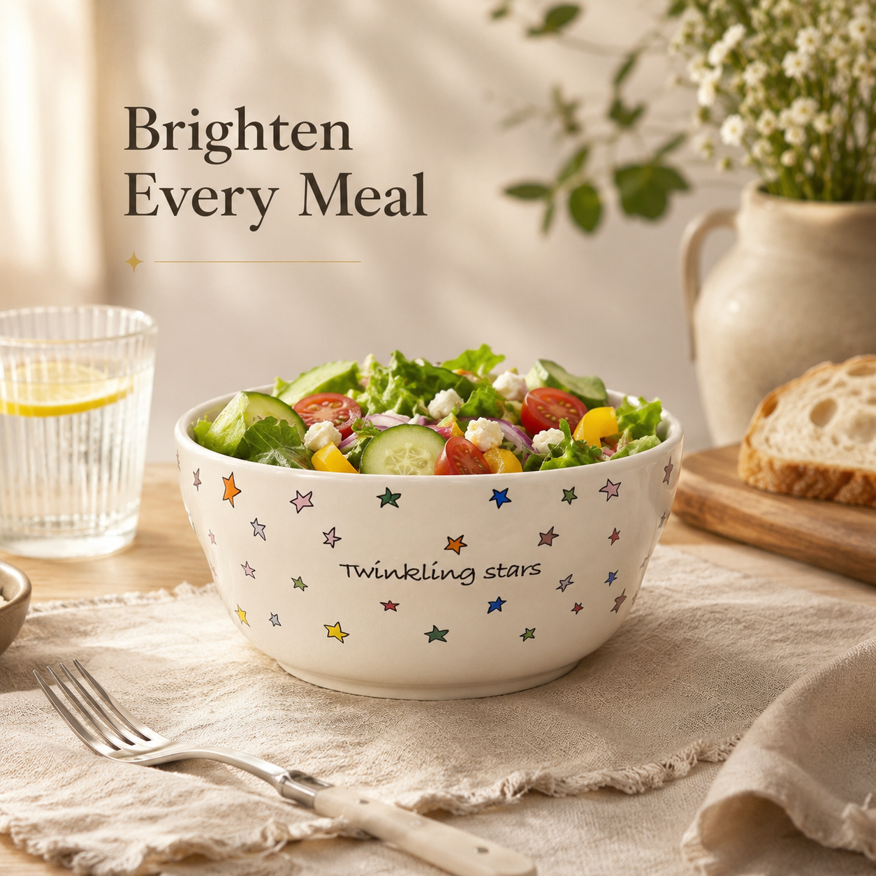 Twinkling Stars ceramic bowl filled with fresh salad on a dining table