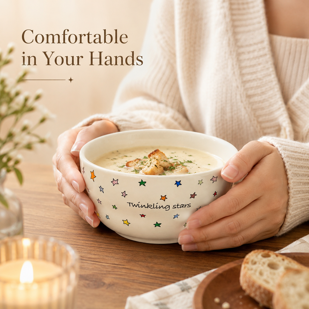 Twinkling Stars ceramic bowl held in hands and filled with creamy soup