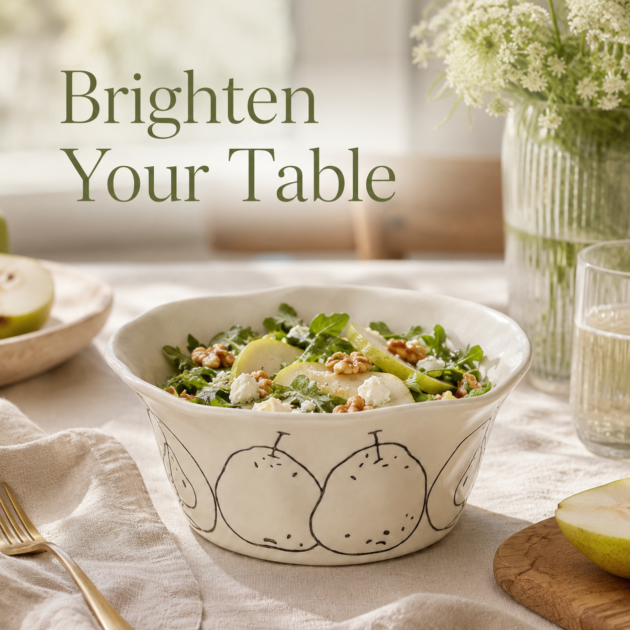 Pear ceramic bowl filled with fresh pear salad on a bright dining table
