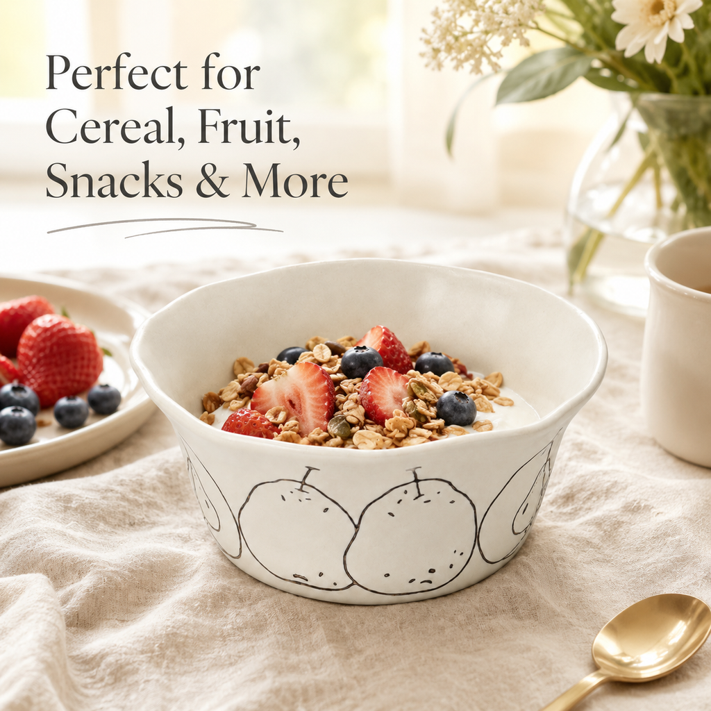 Pear ceramic cereal bowl with yogurt, granola, strawberries and blueberries