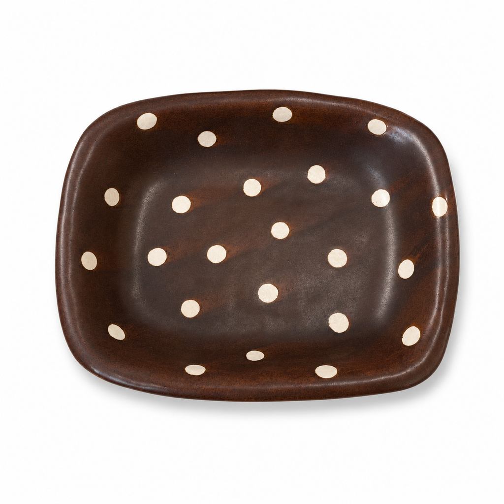 Handmade Brown Ceramic Plate with White Dots | Irregular Rectangular Serving Dish