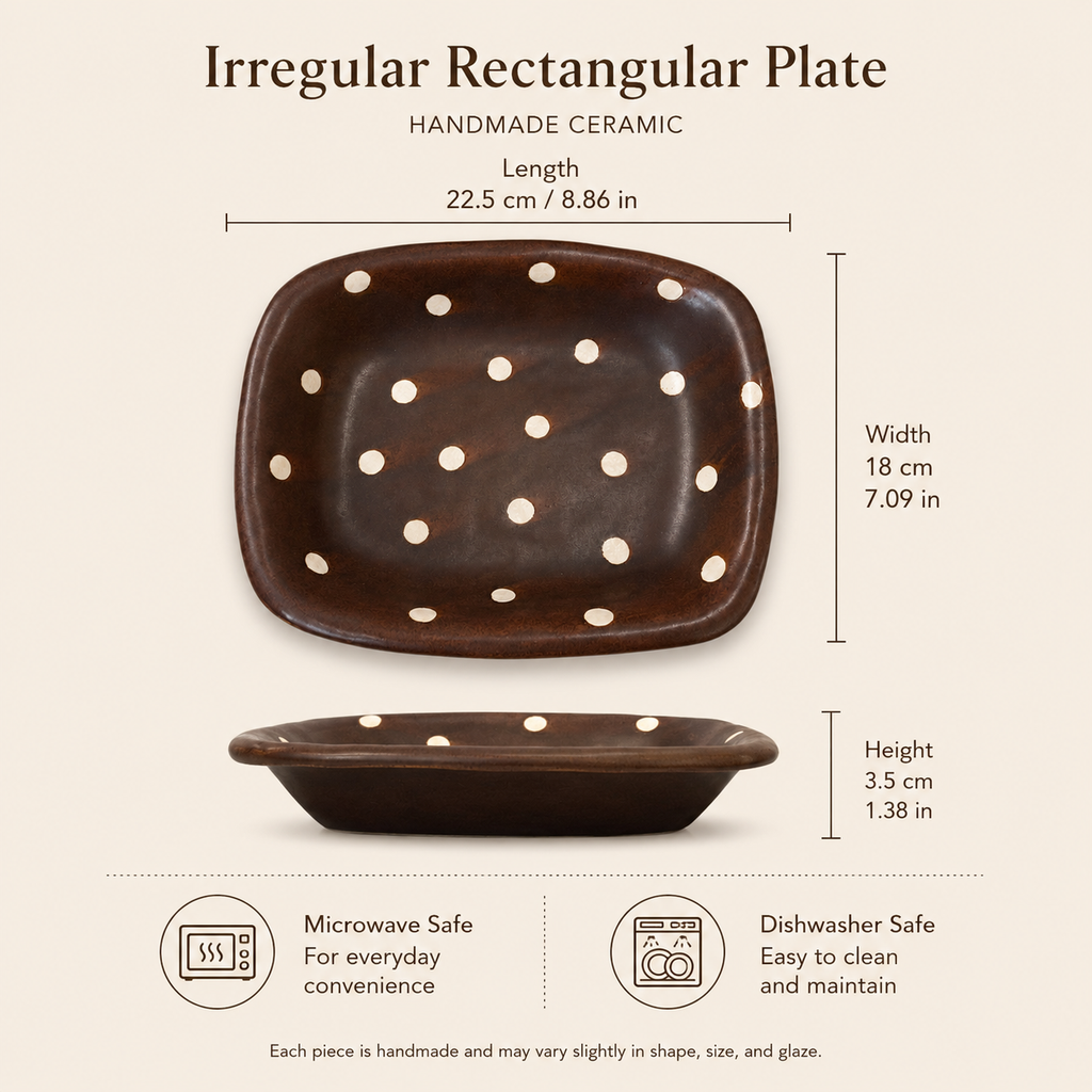 Handmade Brown Ceramic Plate with White Dots | Irregular Rectangular Serving Dish