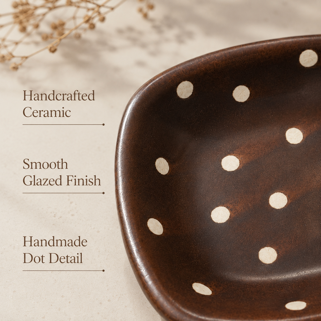 Handmade Brown Ceramic Plate with White Dots | Irregular Rectangular Serving Dish