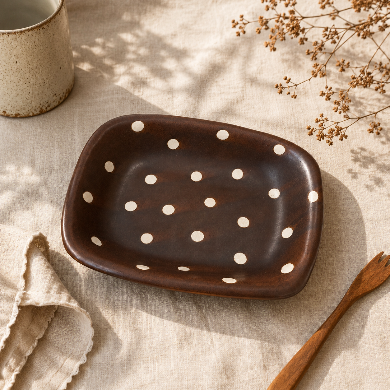 Handmade Brown Ceramic Plate with White Dots | Irregular Rectangular Serving Dish