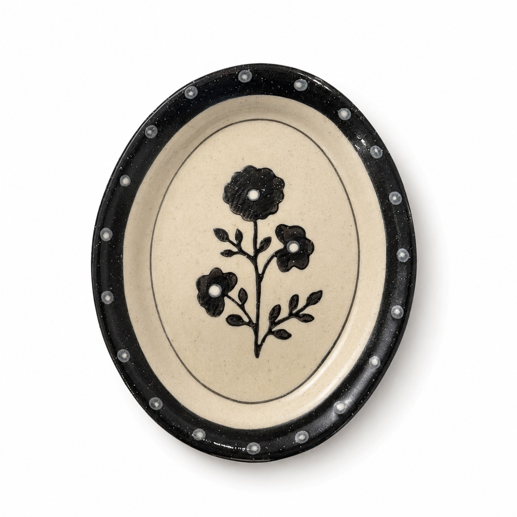 Black Floral Ceramic Plate | Oval Dessert & Breakfast Plate