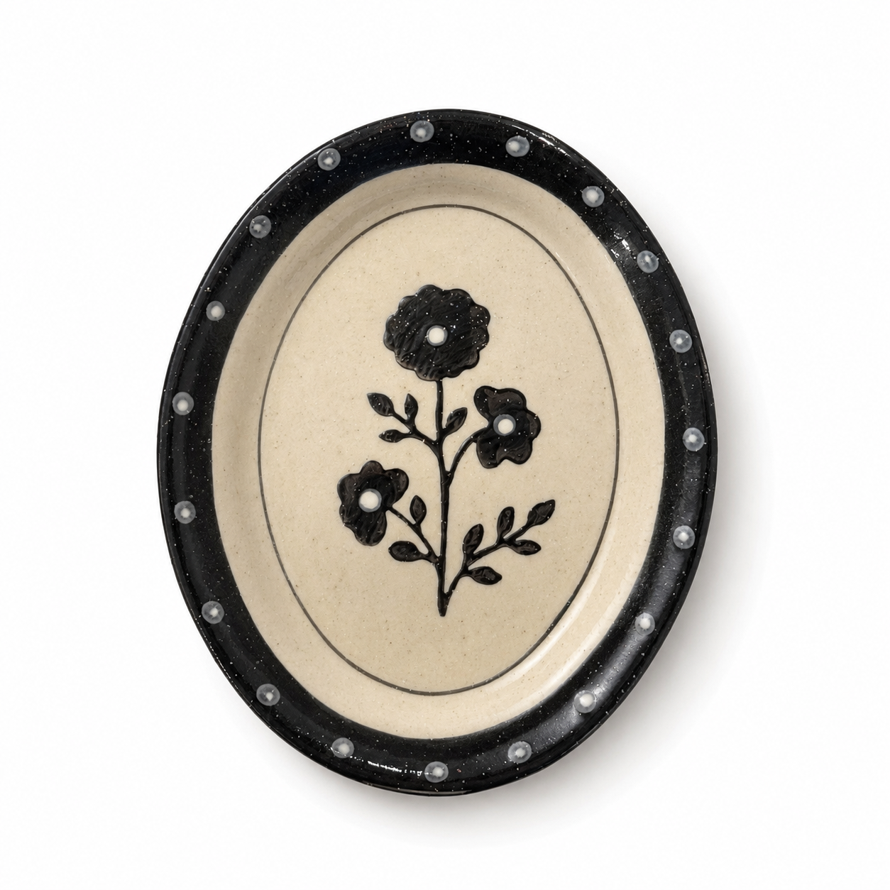 Black Floral Ceramic Plate | Oval Dessert & Breakfast Plate