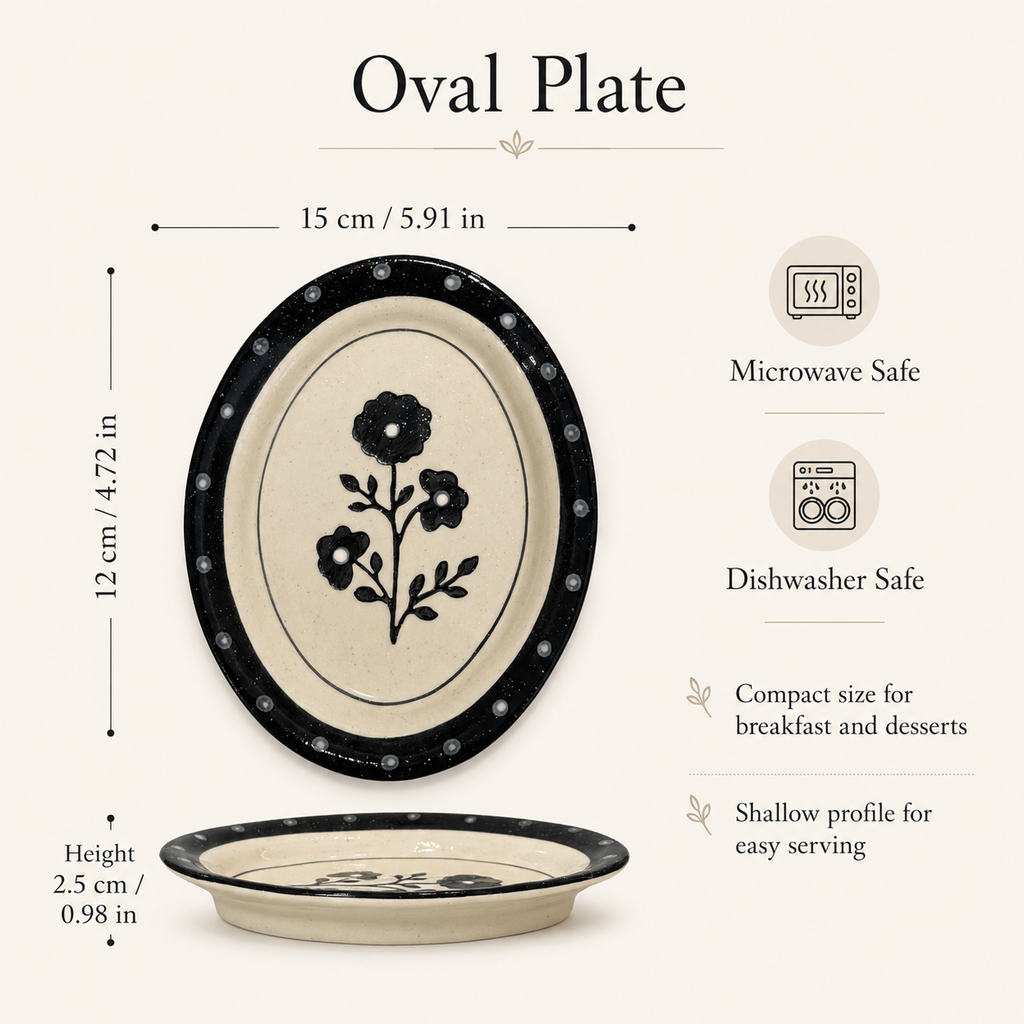 Black Floral Ceramic Plate | Oval Dessert & Breakfast Plate