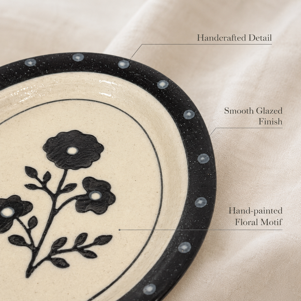 Black Floral Ceramic Plate | Oval Dessert & Breakfast Plate