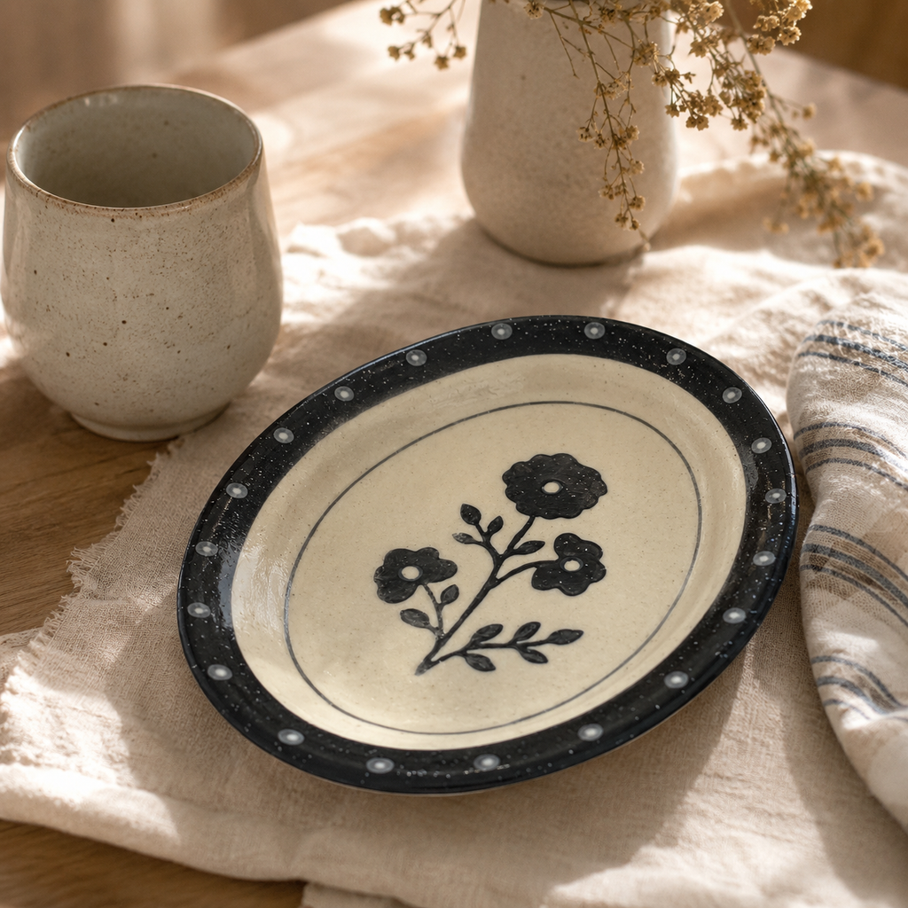 Black Floral Ceramic Plate | Oval Dessert & Breakfast Plate