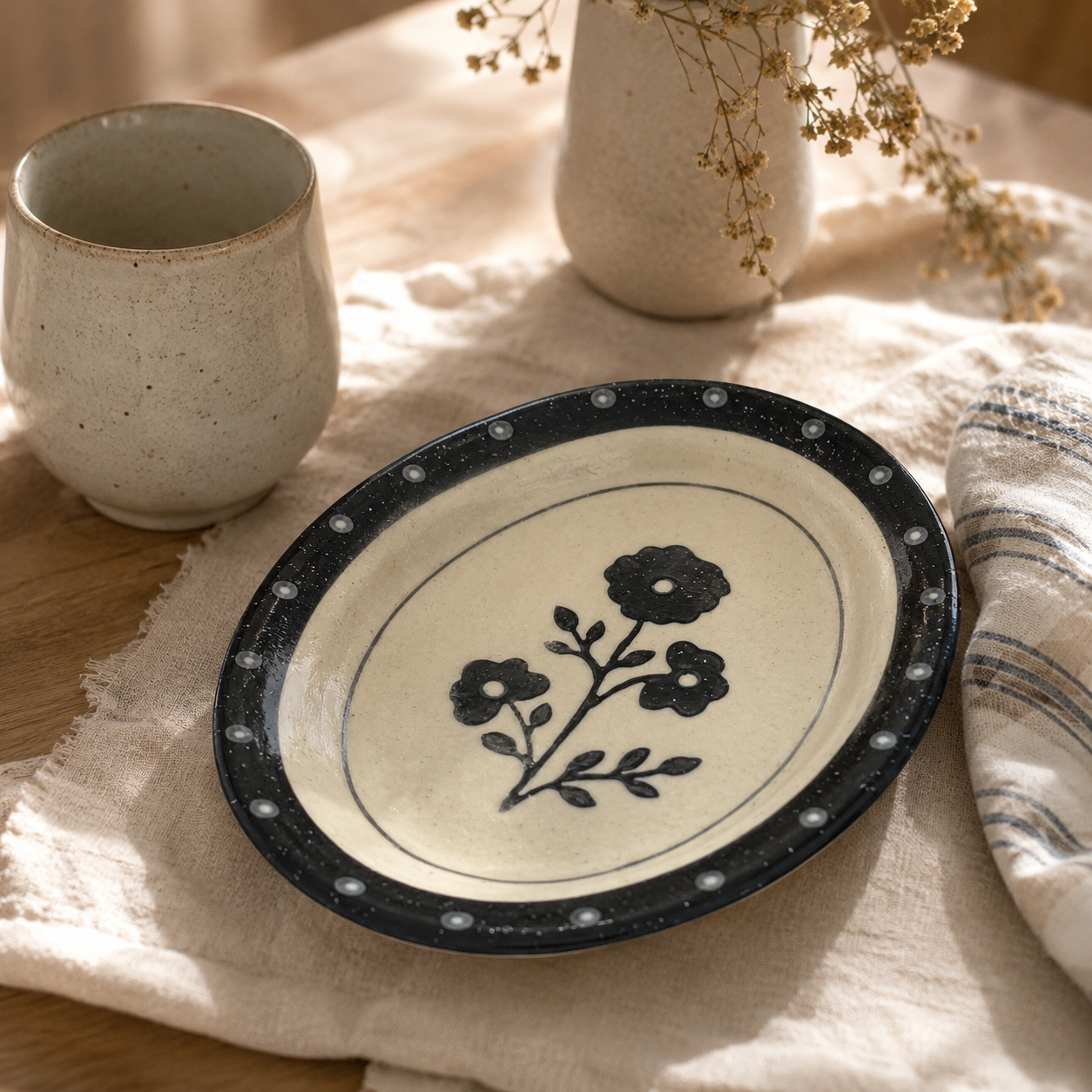 Black Floral Ceramic Plate | Oval Dessert & Breakfast Plate