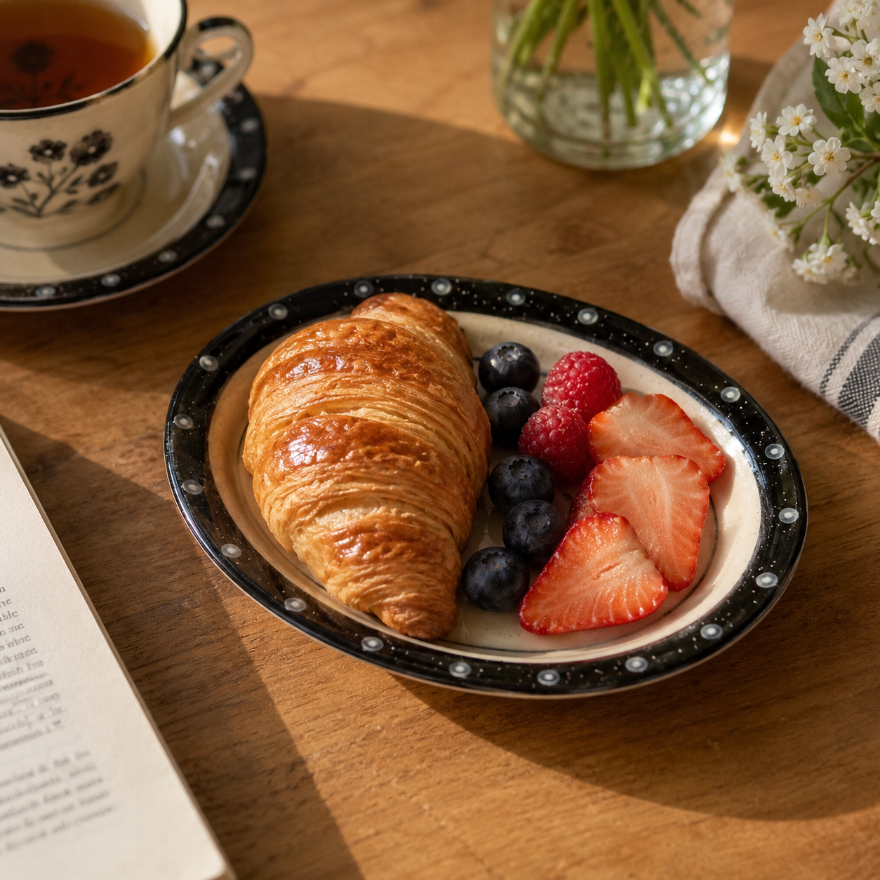 Black Floral Ceramic Plate | Oval Dessert & Breakfast Plate