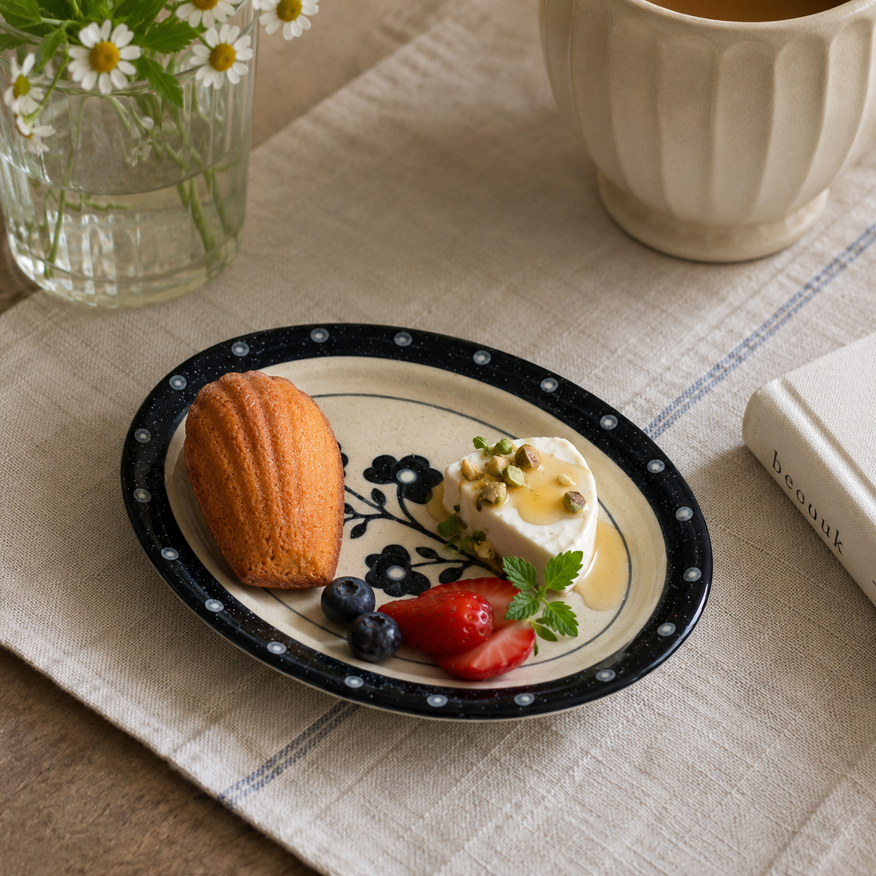 Black Floral Ceramic Plate | Oval Dessert & Breakfast Plate