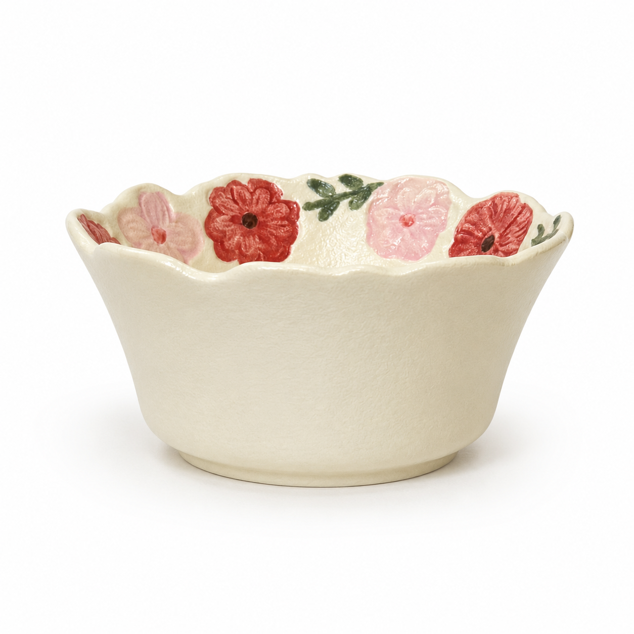 13 oz floral ceramic bowl with scalloped rim and pink and red flower details