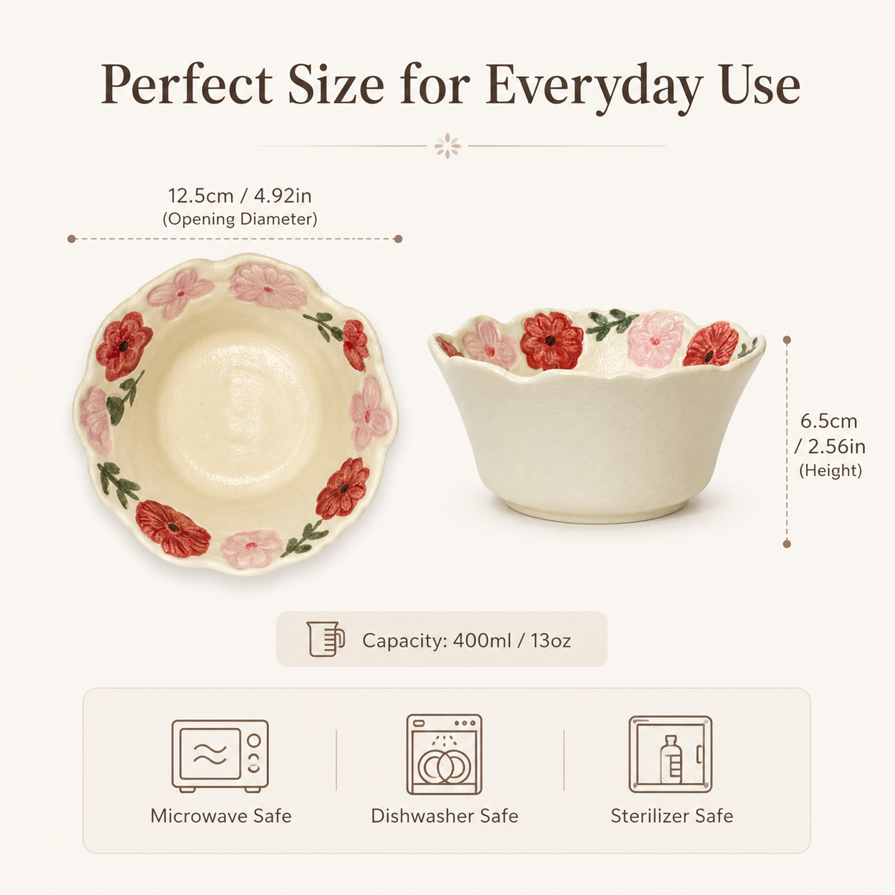 Floral ceramic bowl with 13 oz capacity and size dimensions