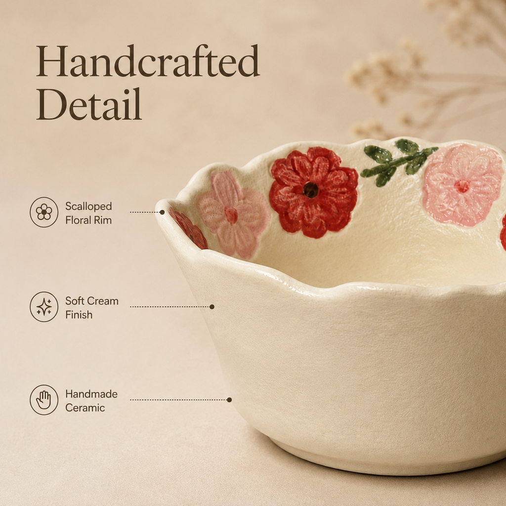 Close-up of handmade floral ceramic bowl with scalloped rim and raised flowers
