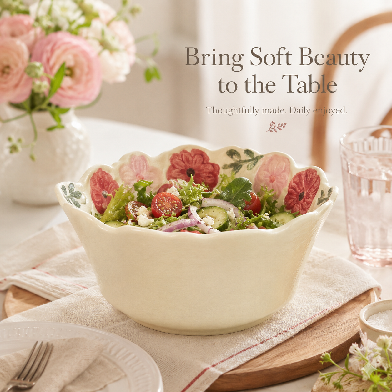 Floral ceramic bowl filled with fresh salad on a bright dining table