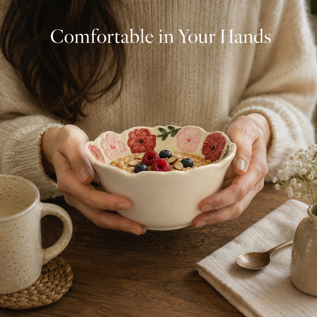 13 oz floral ceramic bowl held in hands and filled with cereal and berries