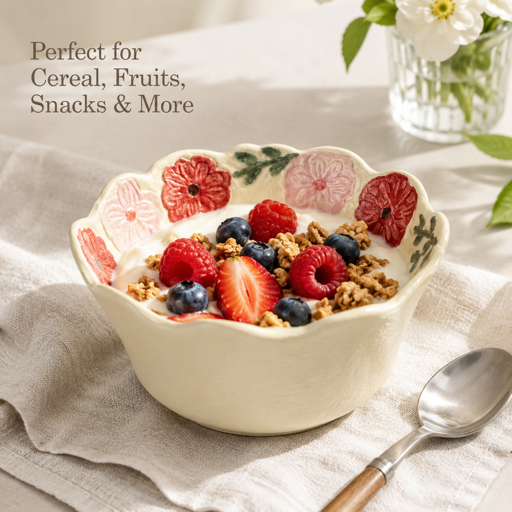 Floral ceramic cereal bowl with yogurt, granola and fresh berries