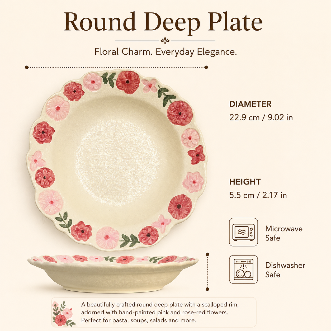 Floral ceramic deep plate shown with 22.9 cm diameter, 5.5 cm height, and care details
