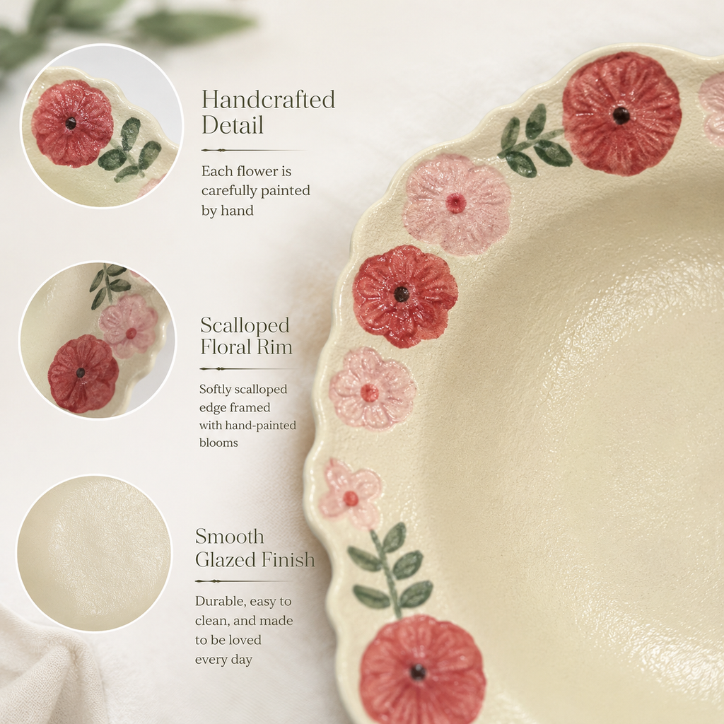 Close-up of hand-painted pink flowers, green leaves, scalloped rim, and glazed ceramic finish