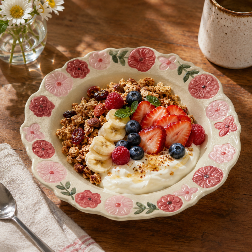 Floral ceramic deep plate served with yogurt, granola, banana, strawberries, blueberries, and raspberries