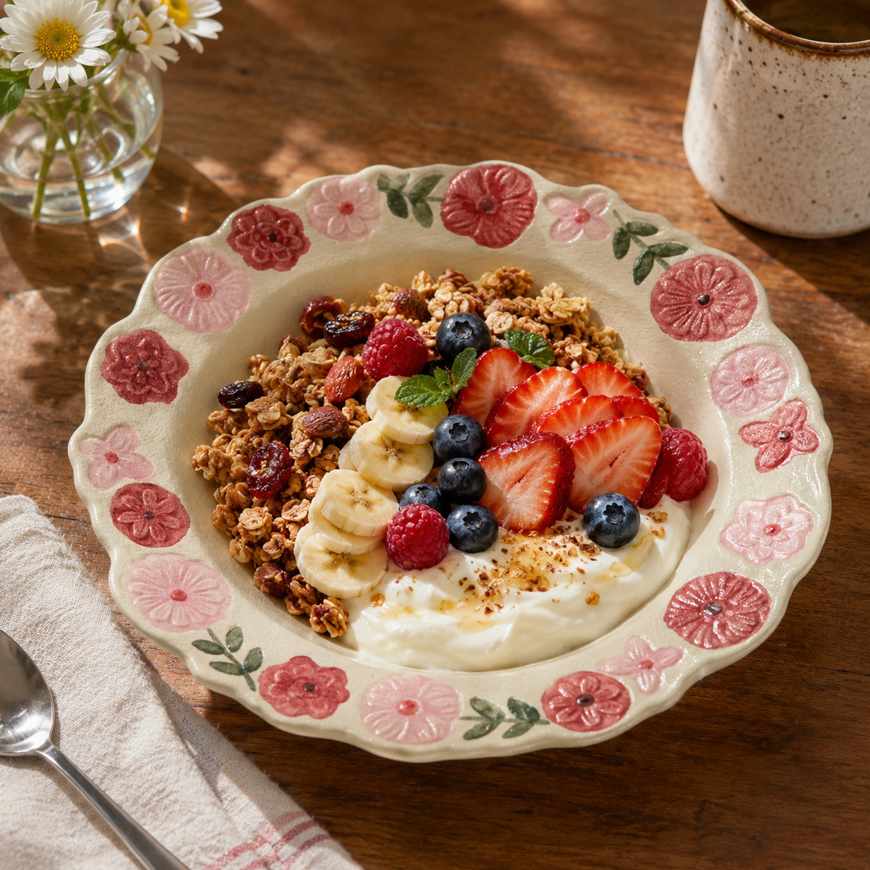 Floral ceramic deep plate served with yogurt, granola, banana, strawberries, blueberries, and raspberries