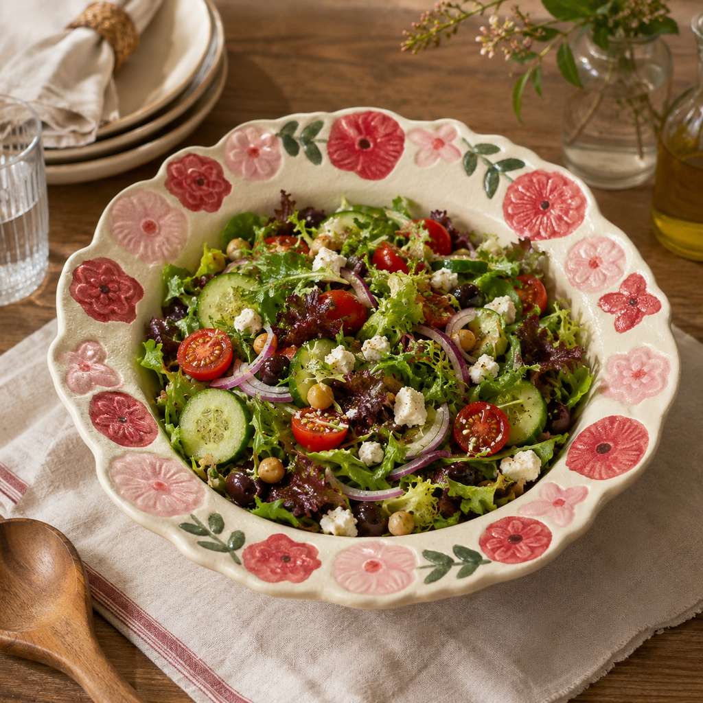 Hand-painted floral deep plate served with mixed salad, cucumber, tomatoes, olives, and cheese
