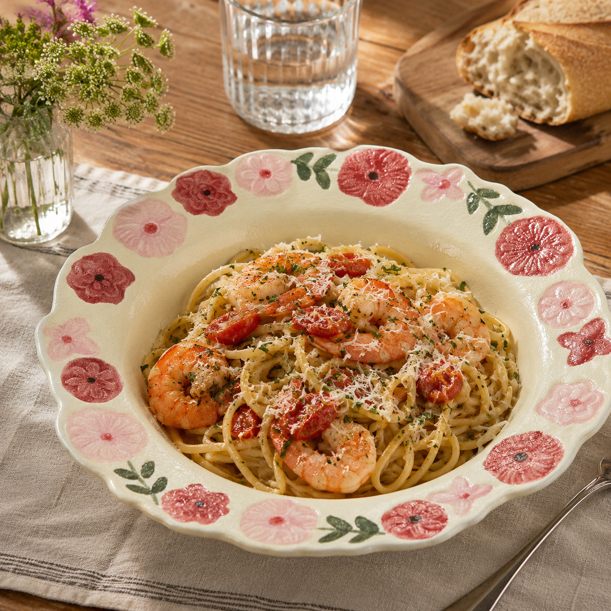 Floral ceramic deep plate served with shrimp pasta and tomatoes in a warm dining setting