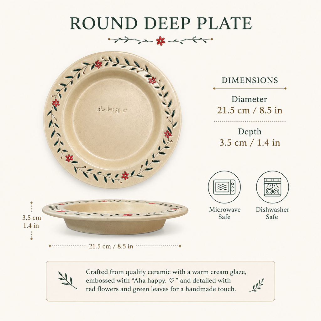 Floral ceramic deep plate shown with 21.5 cm diameter, 3.5 cm depth, and care details