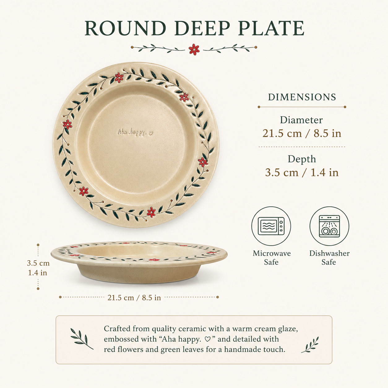 Floral ceramic deep plate shown with 21.5 cm diameter, 3.5 cm depth, and care details