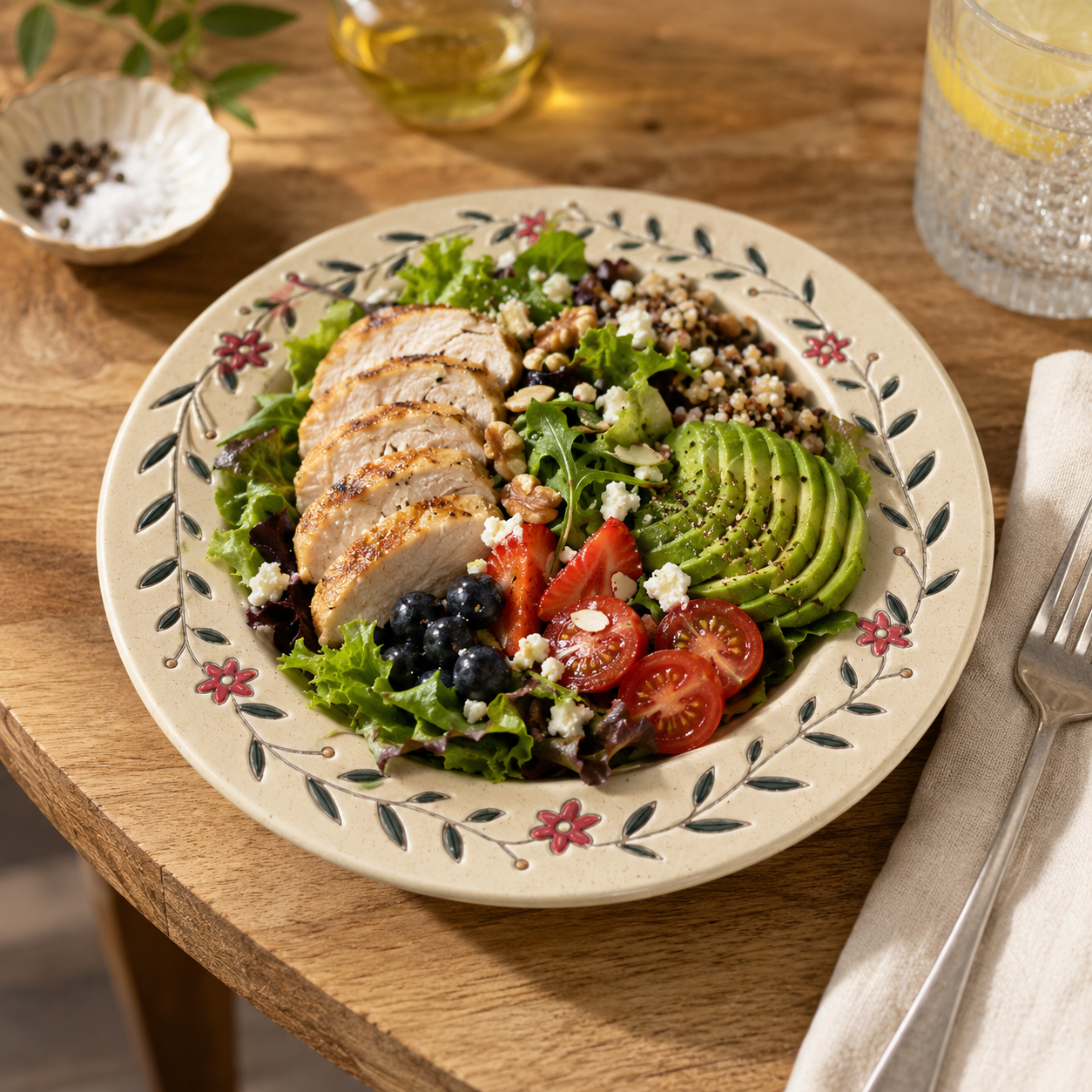 Floral ceramic deep plate served with chicken, avocado, berries, and mixed salad