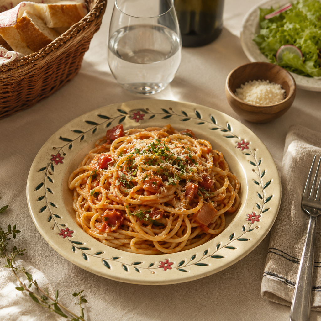 Hand-painted floral ceramic plate served with tomato pasta in a warm dining setting
