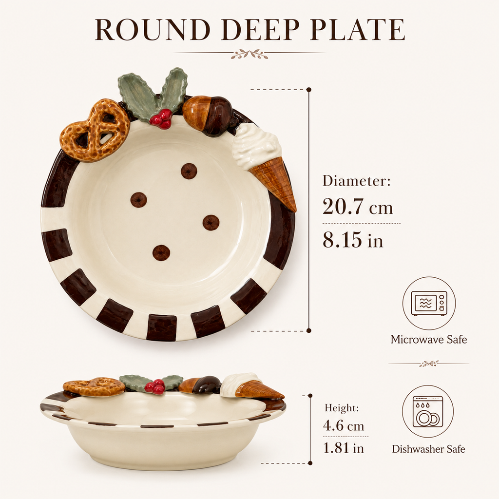 Ceramic deep plate shown with 20.7 cm diameter, 4.6 cm height, and care details