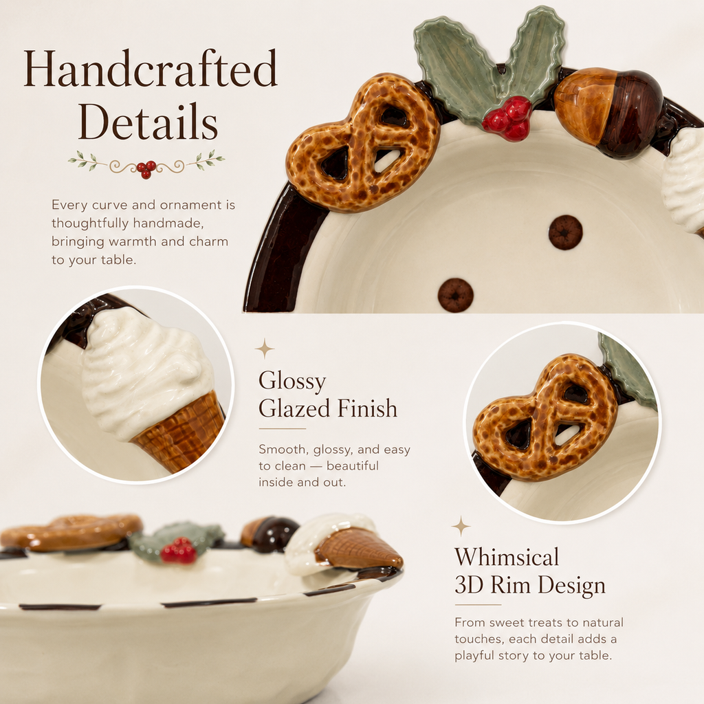 Close-up of glossy glazed ceramic plate with handcrafted 3D rim decorations