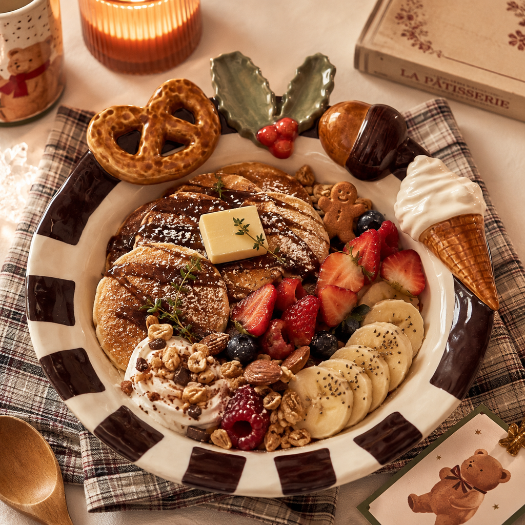 Handmade ceramic deep plate served with pancakes, berries, banana, yogurt, and granola